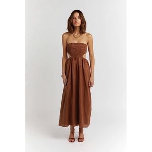 DISSH Nell Strapless Smocked Linen Midi Dress